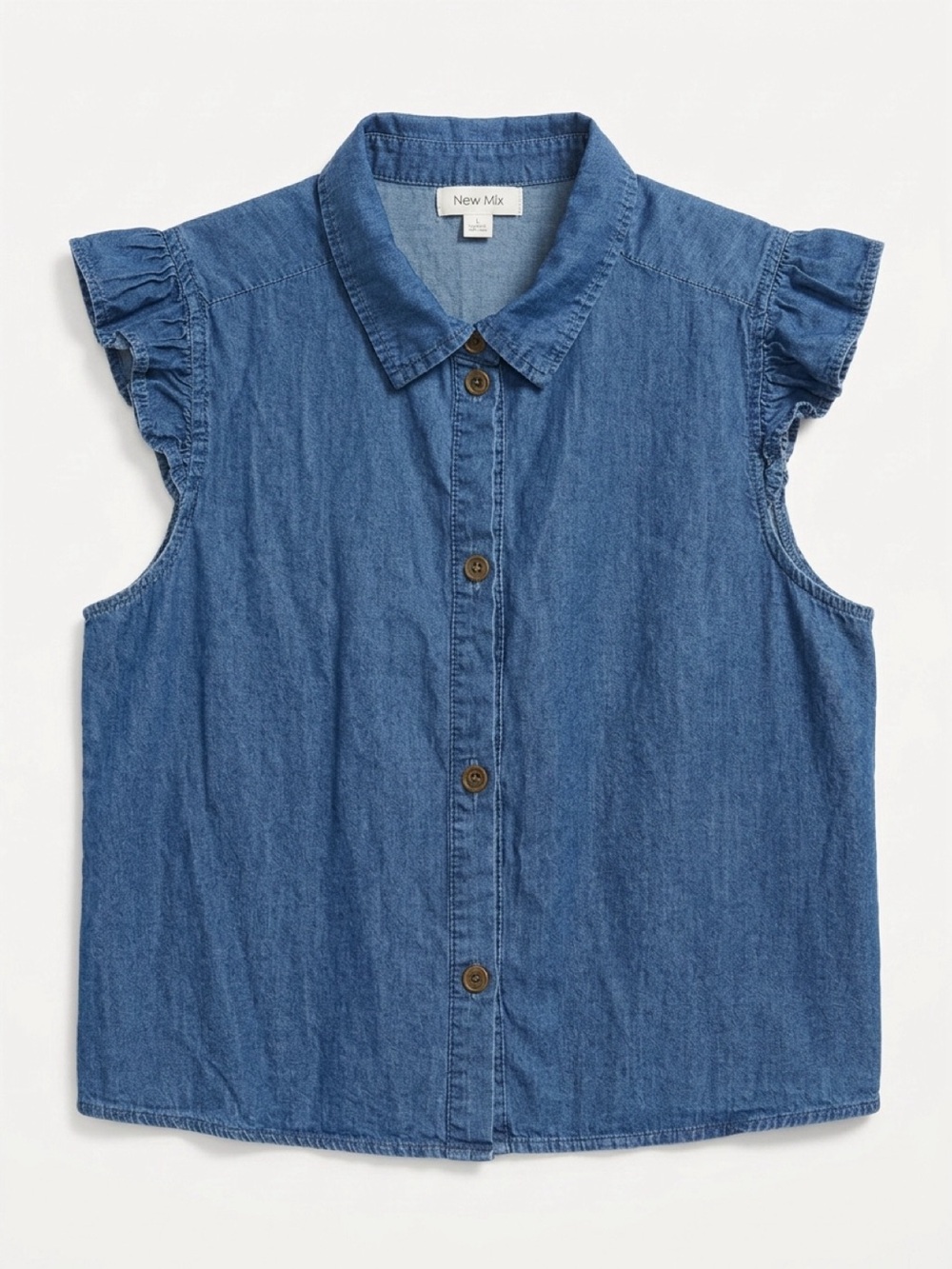 New Mix Denim Blue Ruffle Cap-Sleeve Button-Down Top